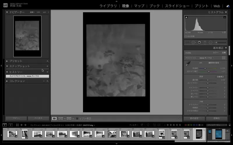 Lightroomの画面　Adobeモノクロに設定